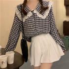 Lace Trim Peter Pan Collar Plaid Long-sleeve Shirt Black & White - One Size