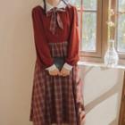 Two-tone Shirt / Plaid Midi A-line Skirt / Long-sleeve Midi A-line Dress / Set