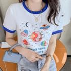 Short-sleeve Contrast Trim Planet Print T-shirt