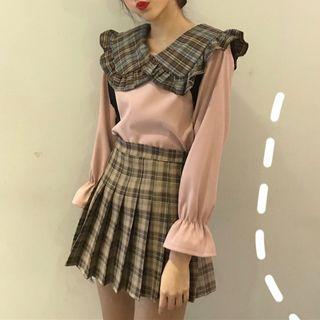 Bell-sleeve Plaid Panel Blouse / Mini Plaid Pleated Skirt