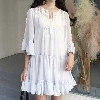 Set: Lace-up 3/4-sleeve Dress + Plain Slipdress