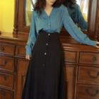 Set: Puff-sleeve Plain Blouse + Skirt