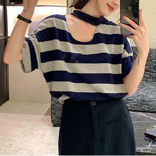 Short-sleeve Asymmetrical Neck Striped T-shirt