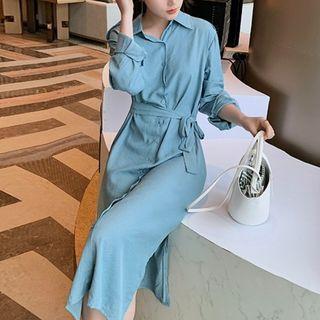 Side-slit Tie-waist Long-sleeve Midi Shirtdress