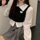 Long-sleeve Mock Two-piece Knit Panel Top / Pleated A-line Mini Skirt