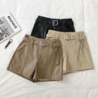 Double-pocket High-waist Faux Leather A-line Shorts With Belt