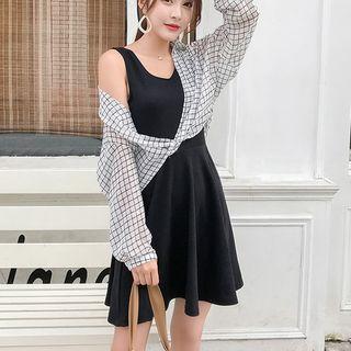 Set: Plaid Shirt + Sleeveless A-line Mini Dress