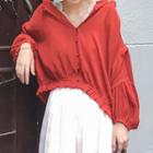 Puff-sleeve Frill Trim Blouse Brick Red - One Size