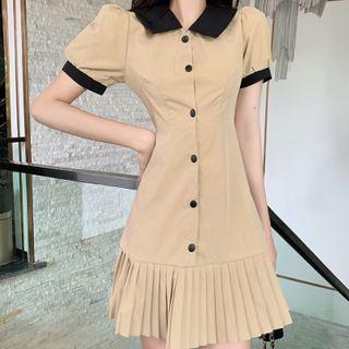 Short-sleeve Pleated Mini Shirt Dress