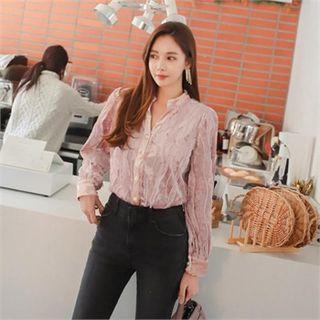 Open-placket Lace-trim Velvet Blouse