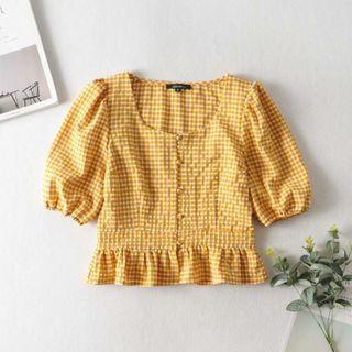 Plaid Ruffle-trim Short-sleeve Crop Top