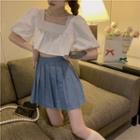Puff-sleeve Square-neck Blouse / Pleated Denim Mini A-line Skirt