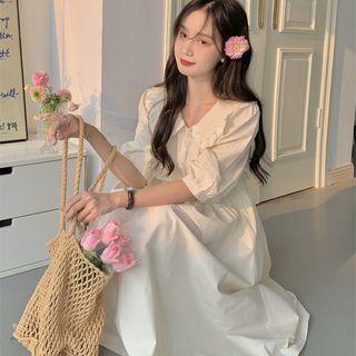 Short-sleeve Collared A-line Midi Dress Almond - One Size