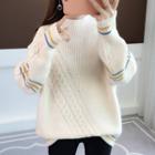 Contrast-trim Mock Neck Cable-knit Sweater