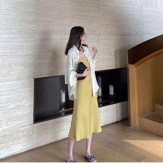 Plain Long-sleeve Shirt / Spaghetti Strap Plain Midi A-line Dress