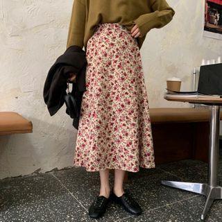 Floral Print Corduroy Midi A-line Skirt