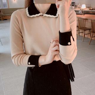 Tweed-trim Contrast-collar Knit Top