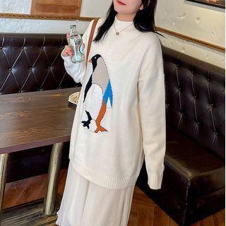 Penguin Embroidered Mock-neck Sweater