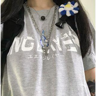 Letter Elbow-sleeve T-shirt Gray - One Size