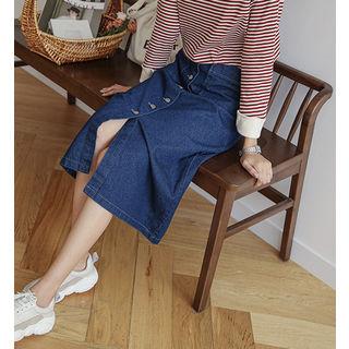 Button-front Long Denim Skirt