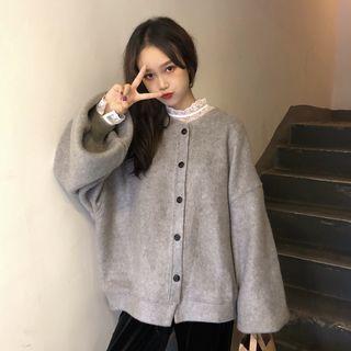 Stand Collar Lace Top / Puff Sleeve Buttoned Cardigan