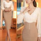 Set: V-neck Lace Blouse + High-waist Midi Skirt