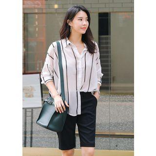 Plus Size - Striped Long-sleeve Sheer Shirt
