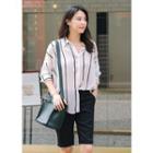 Plus Size - Striped Long-sleeve Sheer Shirt