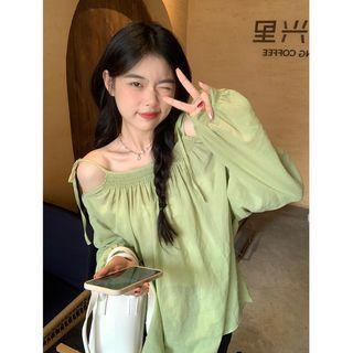 Long-sleeve Off-shoulder Lace-up Strap Loose-fit Top