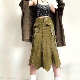 Asymmetrical Fringed Midi A-line Denim Skirt
