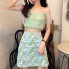 Plain Off-shoulder Mesh Crop Top / Flower Embroidered Camisole Top / Flower Print Mini A-line Skirt