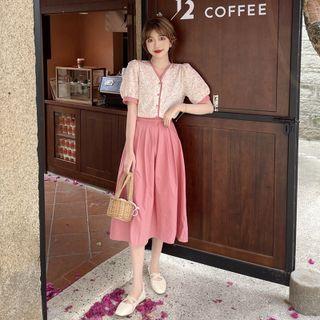 Puff-sleeve Floral Print Top + Plain A-line Midi Skirt