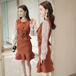 Set : Pinstripe Long-sleeve Top + Double-breasted Sleeveless Dress