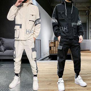 Set: Color Block Lettering Hooded Zip Jacket + Cargo Pants