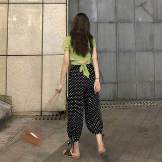 Set: Short-sleeve Cropped Top + Dotted Harem Pants