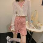 Short-sleeve Ruffled Trim Mini Dress / Plain Knit Cardigan