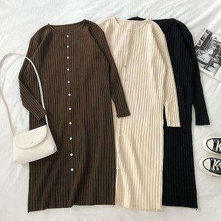 Plain Crewneck Single-breasted Rib Knit Long-sleeve Dress