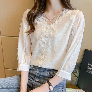 3/4 Sleeve V-neck Lace Panel Blouse