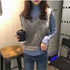 Mock-turtleneck Rib Knit Top / Tweed Crop Vest