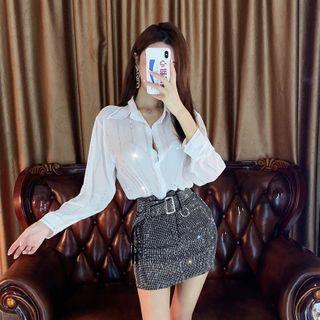 Long-sleeve Striped Shirt / Glitter Mini Fitted Skirt