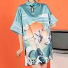 Mandarin Collar Crane Print Mini Dress