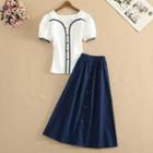 Set: Short-sleeve Contrast Trim Blouse + Midi Skirt