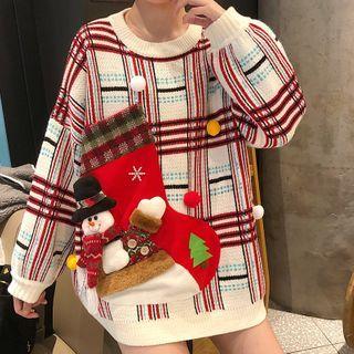 Snowman Applique Plaid Sweater