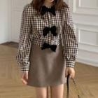 Long-sleeve Checkered Bow Blouse