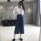 Tie-cuff Striped Blouse / Buckled Wide-leg Pants