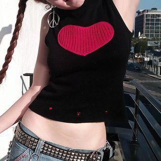 Sleeveless High Neck Heart Embroidered Knit Top