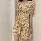 Puff-sleeve Drawstring Floral Printed Dress Cream - One Size