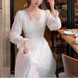 Puff-sleeve Floral Print Faux Pearl Midi A-line Dress