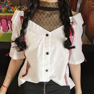Mesh Panel Elbow-sleeve Shirt