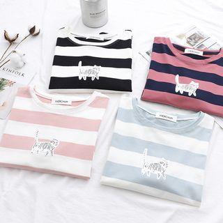 Elbow-sleeve Kitten Printed Striped T-shirt